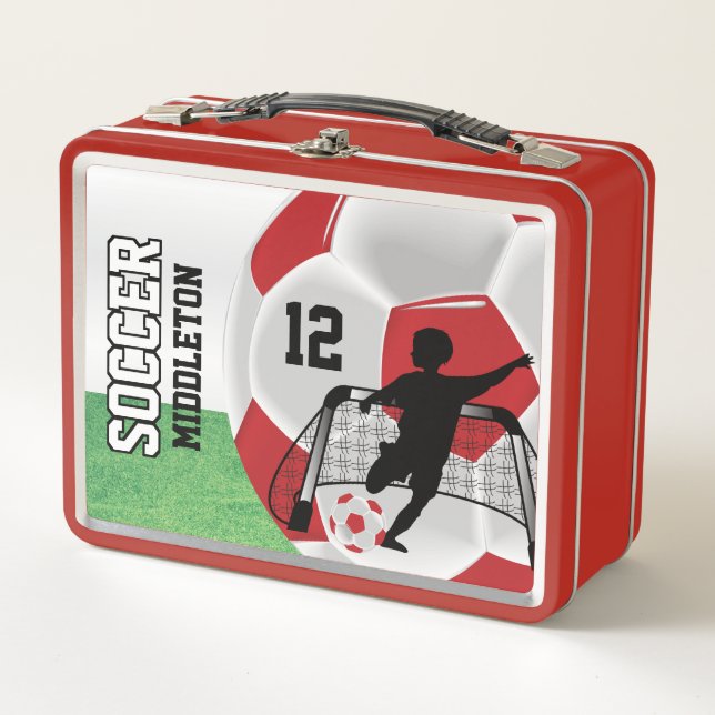 Dunkelrot und Weiß-Fußball-⚽ Metall Lunch Box (Vorderseite)