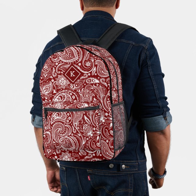 Dunkelrot-weiße Vintage Paisley-Muster Monogramm Bedruckter Rucksack (Insitu (Modell))