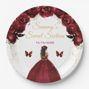 Dunkelrote dunkle Haut Prinzessin Sweet Sixteen Pappteller