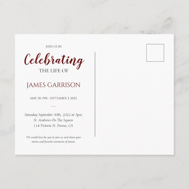 Dunkelrote Feier des Lebens mit Beerdigung des Fot Postkarte (Rückseite)