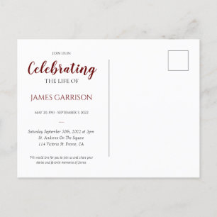 Dunkelrote Feier des Lebens mit Foto-Trauerfeier Postkarte