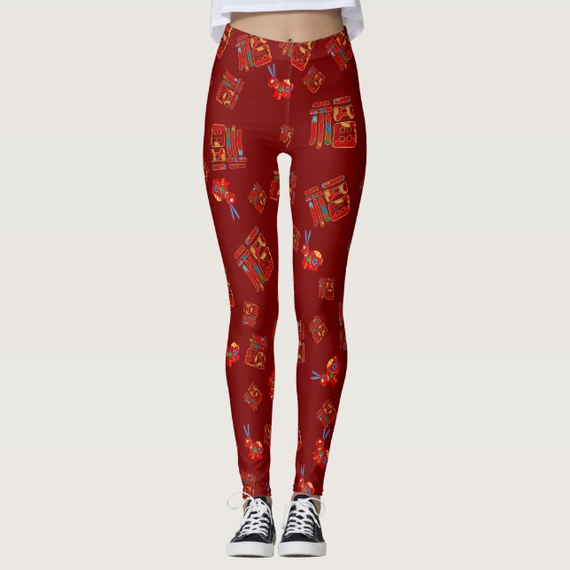 Dunkelrote Kaninchen chinesischer Charakter 福 Segn Leggings (Vorderseite)