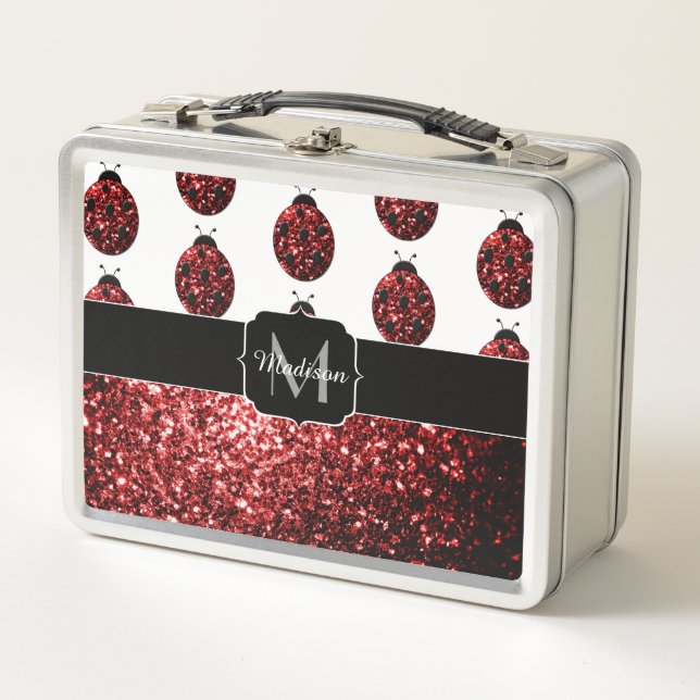 Dunkelrote Ladybug-Imitate Glitzer-Glitzern Monogr Metall Lunch Box (Vorderseite)