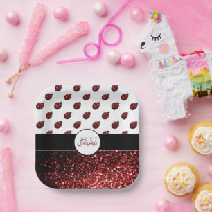 Dunkelrote Ladybug-Imitate Glitzer-Glitzern Monogr Pappteller