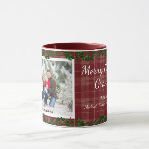 Dunkelrote ländliche Weihnachts-Karomuster-Feierta Tasse