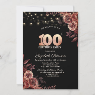 Dunkelrote Rosen, Lichterkette Schwarz 100. Geburt Einladung
