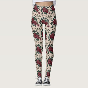 Dunkelrote Rosen mit grünen Blättern Leggings