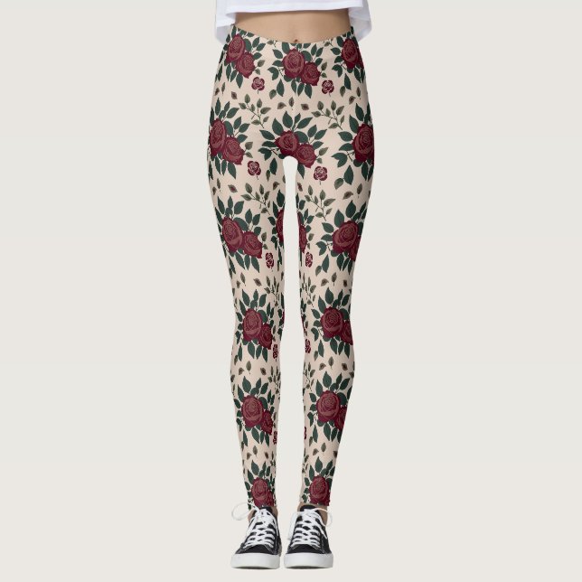 Dunkelrote Rosen mit grünen Blättern Leggings (Vorderseite)