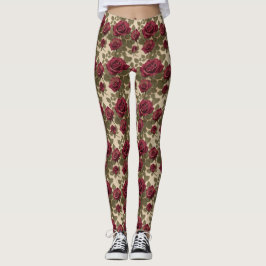 Dunkelrote Rosen mit verblassten grünen Blättern Leggings