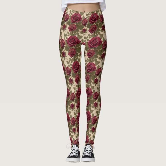 Dunkelrote Rosen mit verblassten grünen Blättern Leggings (Vorderseite)