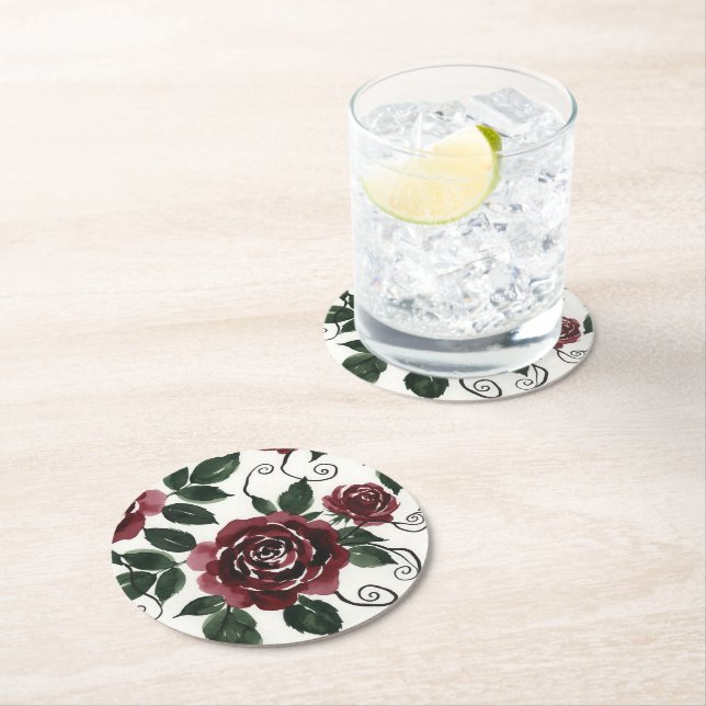Dunkelrote Rosen-Papieruntersetzer Runder Pappuntersetzer (Vor Ort)