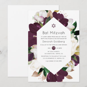 Dunkelrote Samt- und weiße florale Bat Mitzwa Einladung