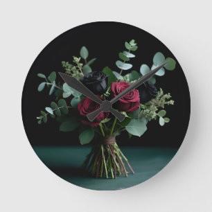 Dunkelrote Schwarze Rosen Bouquet Eleganz Runde Wanduhr
