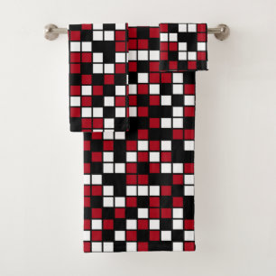 Dunkelrote, schwarze, weiße, zufällige Mosaikplätz Badhandtuch Set