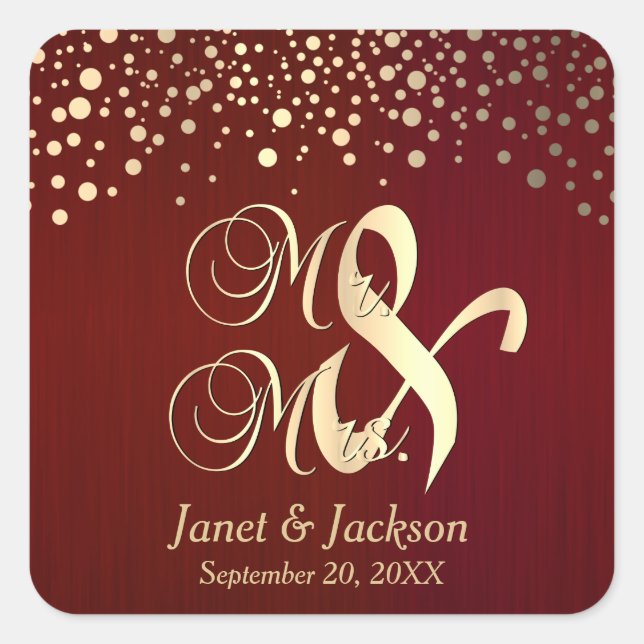 Dunkelrote und goldene Konfetti-Punkte Quadratischer Aufkleber (Vorderseite)