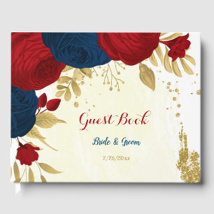 dunkelrote und marineblaue Blumen Goldhochzeit Gästebuch