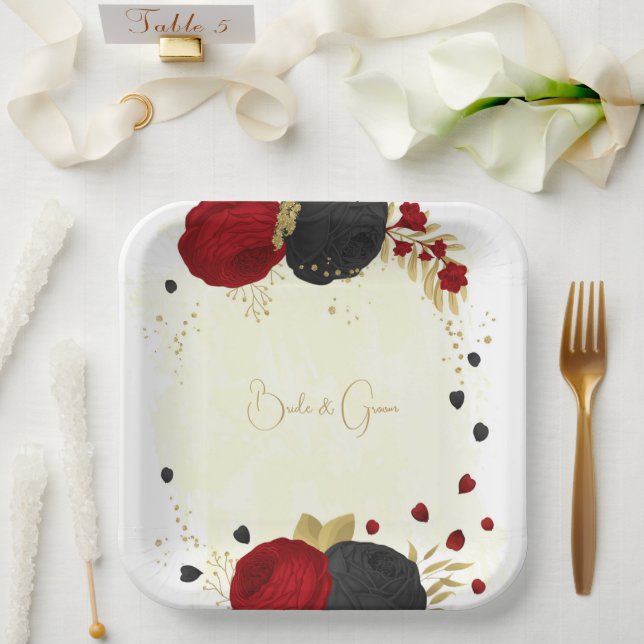dunkelrote und schwarze Blume Gold Pappteller (Hochzeit)