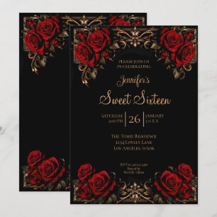 Dunkelrotes florales Gothic Sweet 16 Einladung