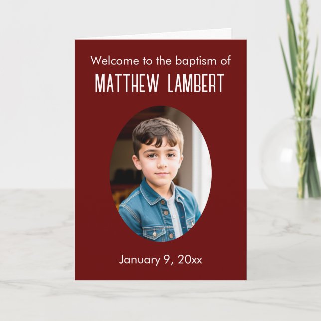 Dunkelrotes Foto Front Polka-Dot geklappte Taufe Programm (Vorderseite)