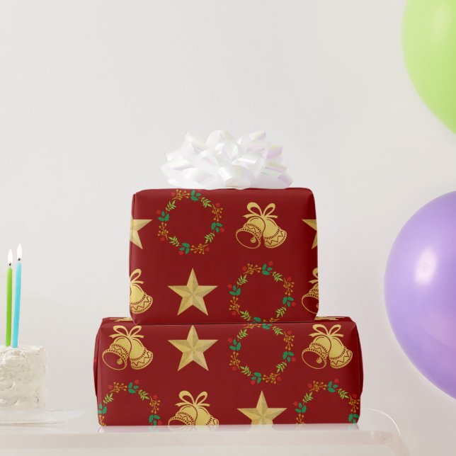 Dunkelrotes Geschenkpapier mit goldenen Glocken, S (Partygeschenke)