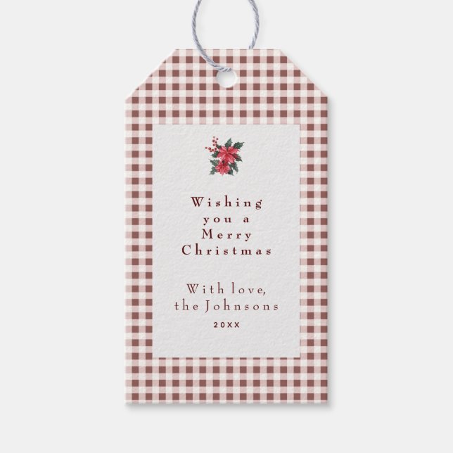 Dunkelrotes Gingham-Karomuster Weihnachten Geschenkanhänger (Vorderseite)