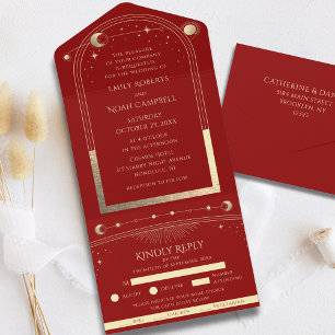 Dunkelrotes Gold Himmelssonne Mond Sterne Hochzeit All In One Einladung