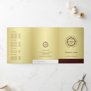 Dunkelrotes Golddesign, Logo oder Foto Preisliste, Dreifach Gefaltete Karte