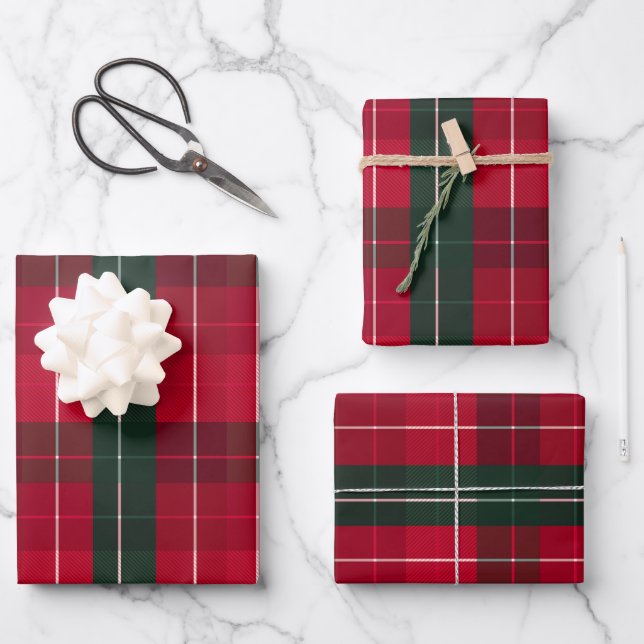 Dunkelrotes-grünes Weihnachtsmuster Geschenkpapier Set (Vorderseite)