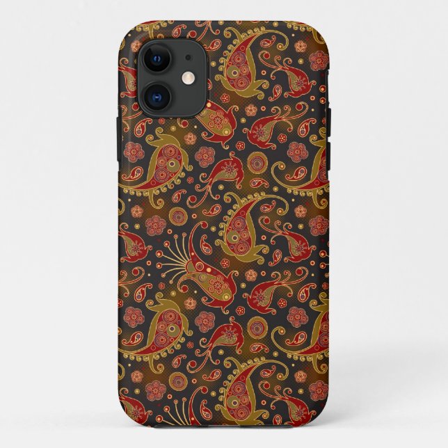 Dunkelrotes und goldenes Paisley-Muster Case-Mate iPhone Hülle (Rückseite)