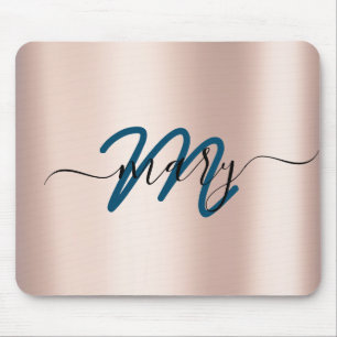 Dunkeltürkis. Blue Rose Minimal Name Monogram. Lux Mousepad