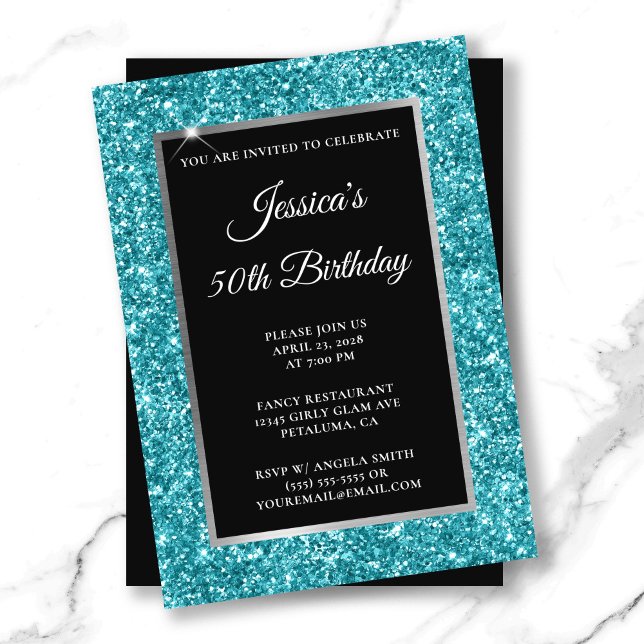 Dunkeltürkisfarbener Glitzer Schwarz 50. Geburtsta Einladung (Dark Turquoise Glitter Black 50th Birthday Invitation)