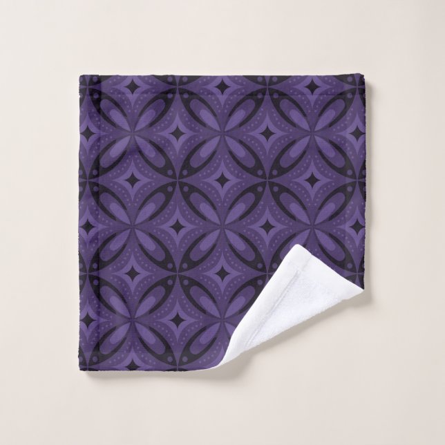 Dunkelviolett gefärbtes Retro-Muster Badhandtuch Set (Waschlappen)