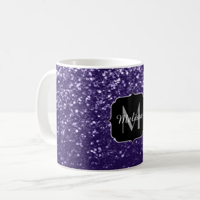 Dunkelviolett, lila Glitzer Glitzern Monogram Kaffeetasse (Vorderseite Links)