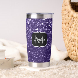 Dunkelviolett, lila Glitzer Glitzern Monogram Thermobecher