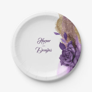 Dunkelviolett und goldener Glitter-Blumenmodern Pappteller