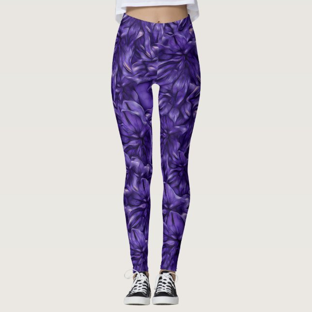 Dunkelviolette Blumen auf Blume Leggings (Vorderseite)