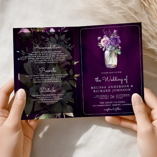 Dunkelviolette Blumen-Mason-Glas-QR-Code-stimmungs Einladung (Von Creator hochgeladen)