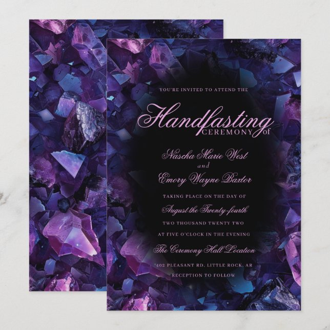 Dunkelviolette Boho-Hexen-Kristalle Schwarze Handf Einladung (Vorne/Hinten)