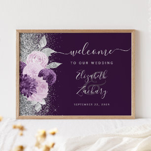Dunkelviolette Florale Silberne Hochzeitsbegrüßung Poster