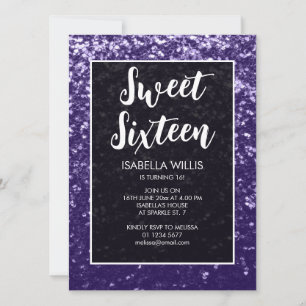 Dunkelviolette lila Funkel Sweet 16 elegante Schri Einladung