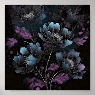 Dunkelviolette und blaue Blumenkunst Poster