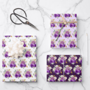 Dunkelviolette und goldene elegante Blumen Geschenkpapier Set