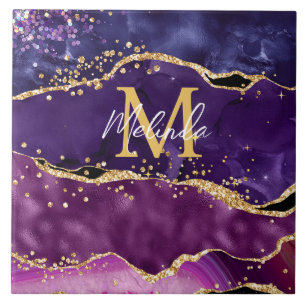 Dunkelviolette und goldene Glitter-Pailletten-Acha Fliese