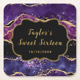 Dunkelviolette und goldene Pailletten Achat Sweet Rechteckiger Pappuntersetzer