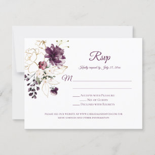 Dunkelviolette und goldene Umrissrosen weiße Rücks RSVP Karte
