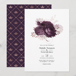 Dunkelviolette und Rosen-Gold Blumen Hochzeit QR-C Einladung