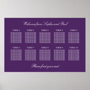 Dunkelvioletter Hochzeitssitzplan Poster für 10 Ti
