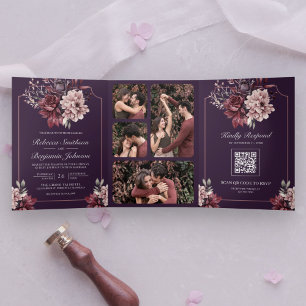 Dunkelvioletter Moody-Floralrahmen-QR-Code Hochzei Dreifach Gefaltete Einladung