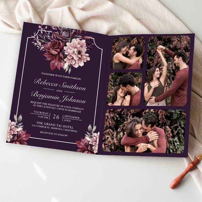 Dunkelvioletter Moody-Floralrahmen-QR-Code Hochzei Einladung (Von Creator hochgeladen)