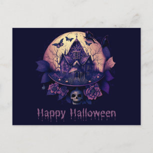 Dunkelviolettes Spukhaus zum Happy Halloween Feiertagspostkarte